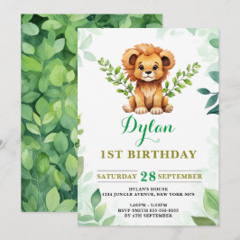 Watercolor Baby Lejon Prince Greenery Birthday Inbjudningar