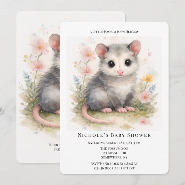 Watercolor Baby Possum Baby Shower  Inbjudningar (Fram/baksida)