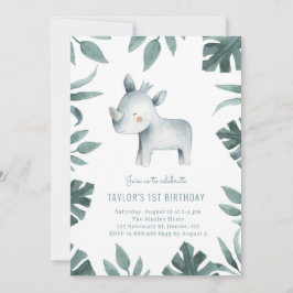 Watercolor Baby Rhino Prince Safari Födelsedagsfes Inbjudningar