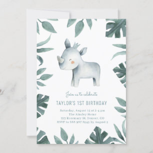 Watercolor Baby Rhino Prince Safari Födelsedagsfes Inbjudningar