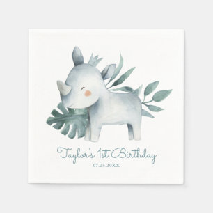 Watercolor Baby Rhinoceros Tropical Birthday Pappersservett