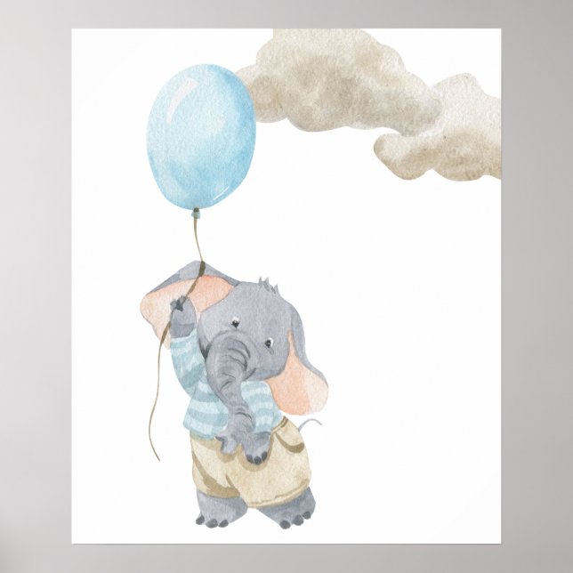 Watercolor Baby Room Nursery Cute Elephant Blue Poster (Framsidan)