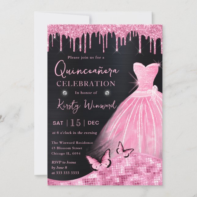 Watercolor Baby Rosa Glitter Dress Quinceanera Inbjudningar (Framsida)