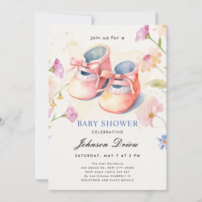 Watercolor Baby Shoes Theme | Neutral Baby Shower Inbjudningar (Framsida)