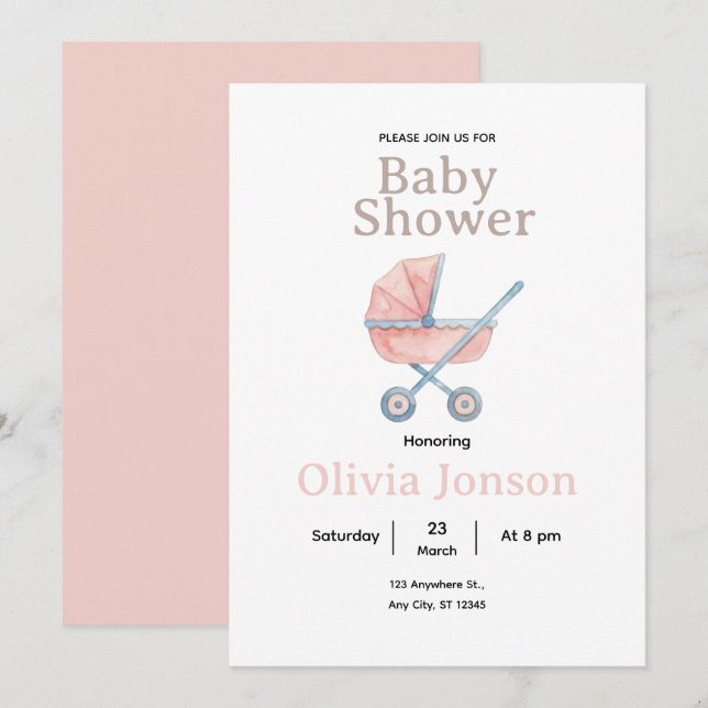 Watercolor Baby Shower Invitation, Inbjudningar (Fram/baksida)