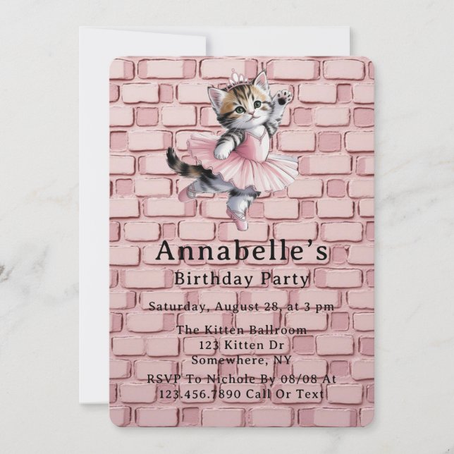 Watercolor Ballerina Kitten Girl Birthday Party Inbjudningar (Framsida)