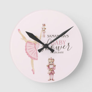 Watercolor Ballerina Nutcrackers Rosa Baby Shower Rund Klocka