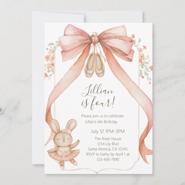 Watercolor Ballet Girls Fourth Birthday Inbjudningar (Framsida)