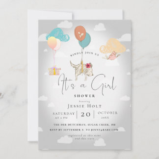 Watercolor Balloon Puppy Baby Girl Shower Inbjudningar