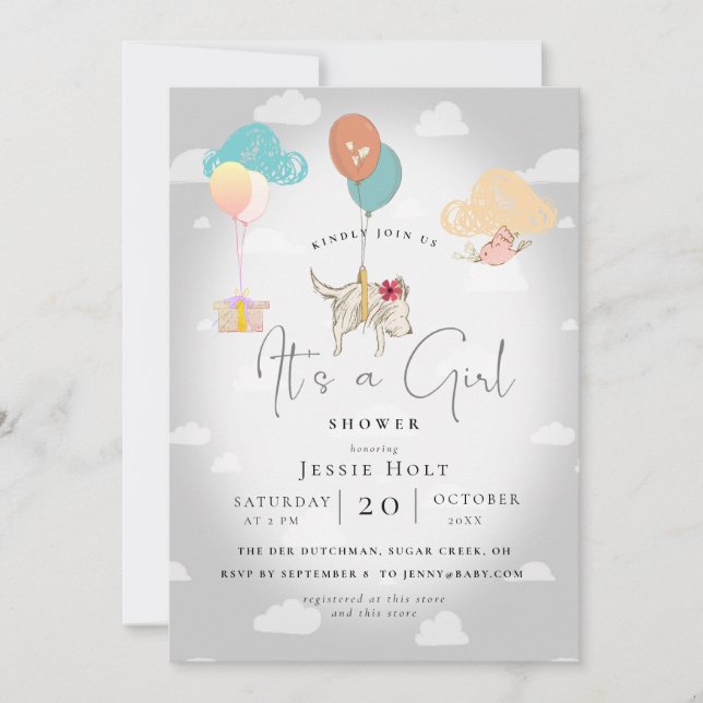 Watercolor Balloon Puppy Baby Girl Shower Inbjudningar (Framsida)