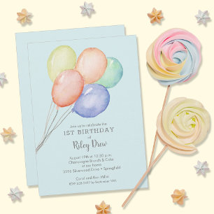 Watercolor Balloons Boy 1st Birthday Inbjudningar