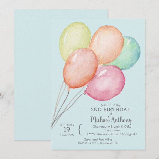 Watercolor Balloons Boy 2:a födelsedagen Inbjudningar (Fram/baksida)