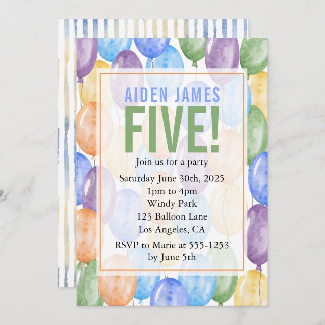 Watercolor Balloons Boy Birthday Inbjudningar (Fram/baksida)