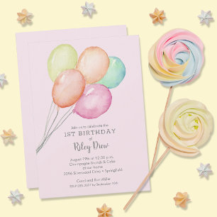 Watercolor Balloons Girl 1:a födelsedagen Inbjudningar