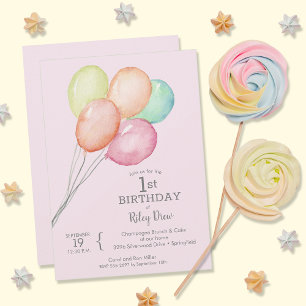 Watercolor Balloons Girl's 1st Birthday Inbjudningar