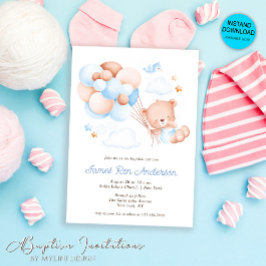 Watercolor Balloons Nalle Boy Baptism Inbjudningar