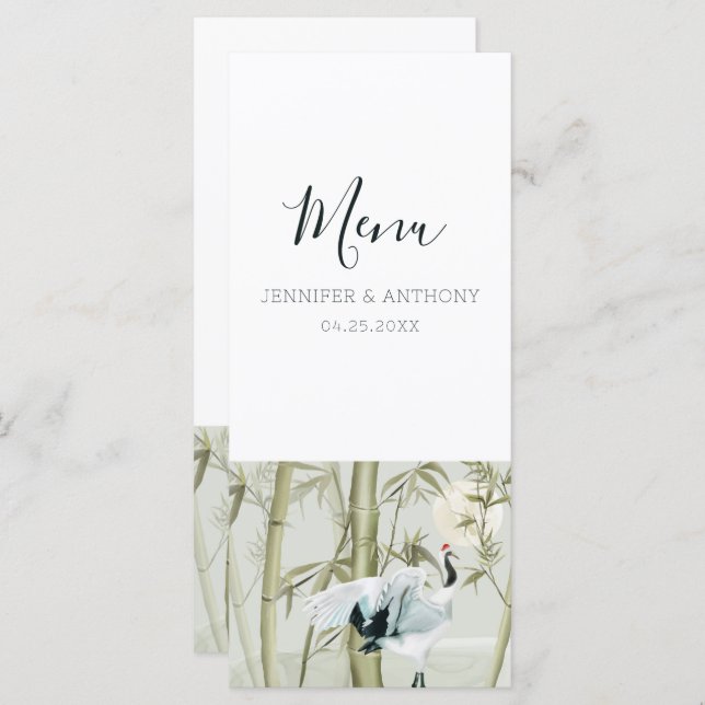 Watercolor Bamboo Japansk Crane Meny (Fram/baksida)