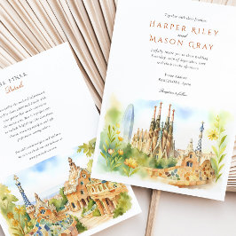 Watercolor Barcelona Spanien Bröllop Inbjudningar