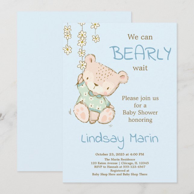 Watercolor Barly Wait Nalle Garland Invati Inbjudningar (Fram/baksida)
