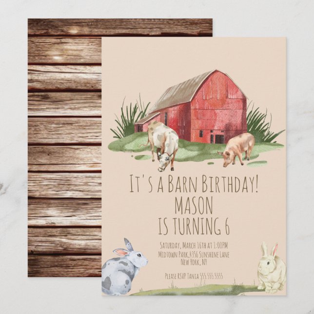 Watercolor Barn Animals Farm House Birthday Inbjudningar (Fram/baksida)