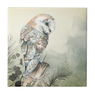 Watercolor Barn Uggla Bird Art Tile Kakelplatta