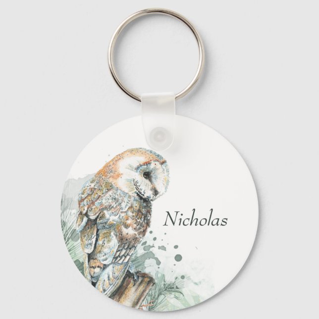Watercolor Barn Uggla Bird Wildlife Nature Art Ke Nyckelring (Baksida)