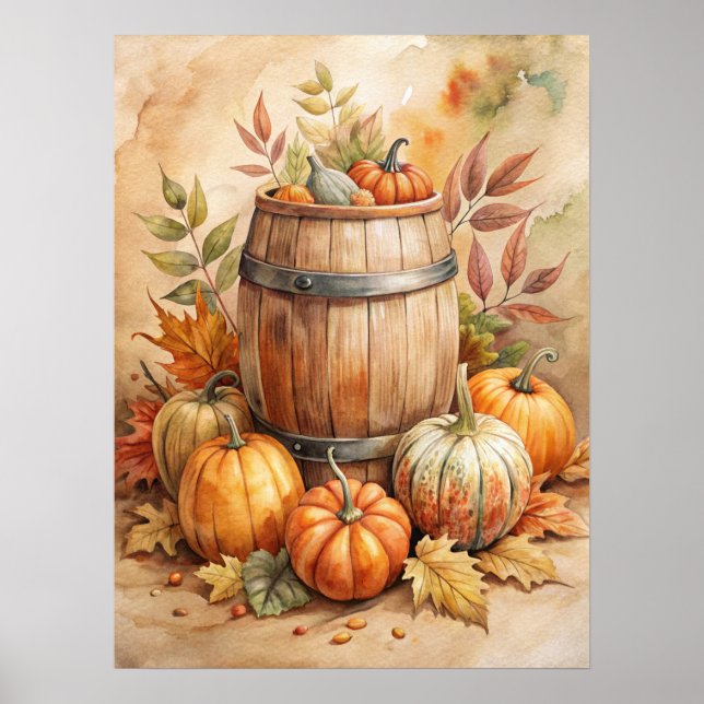 Watercolor Barrel with Pumpkins Fall Poster (Framsidan)