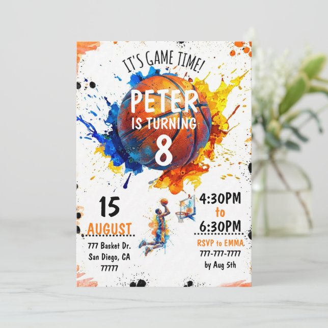 Watercolor Basketball Birthday Invitation Inbjudningar (Stående Fram)