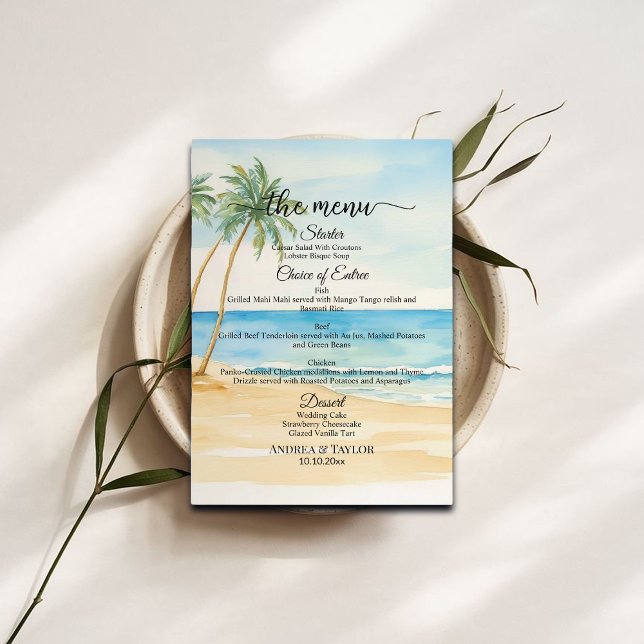 Watercolor Beach and Palm Trees Wedding Menu Meny (Skapare uppladdad)