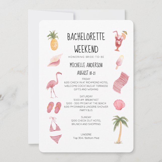 Watercolor Beach Bachelorette Helg Itinerary Inbjudningar (Framsida)
