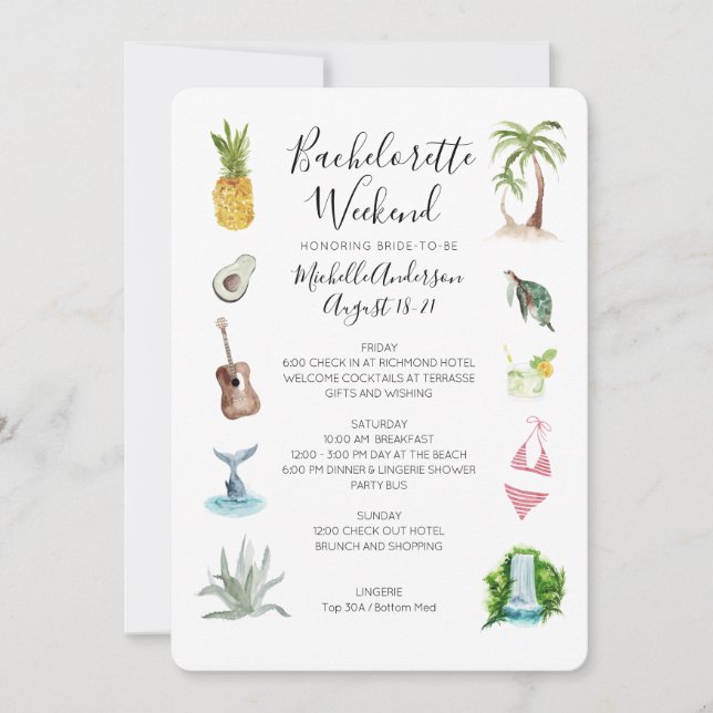 Watercolor Beach Bachelorette Helg Itinerary Inbjudningar (Framsida)