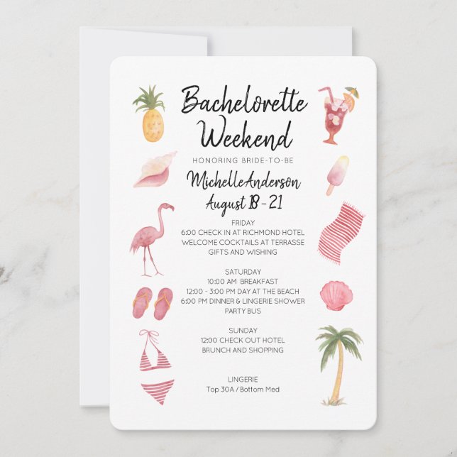 Watercolor Beach Bachelorette Helg Itinerary Inbjudningar (Framsida)
