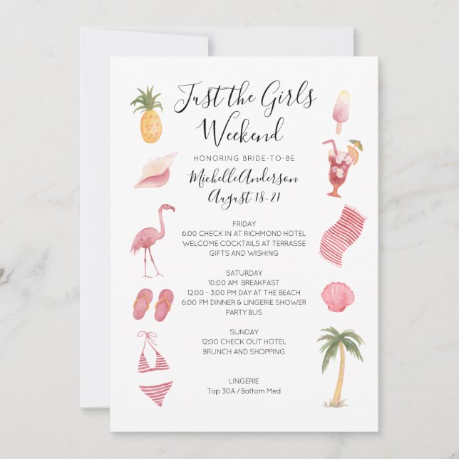 Watercolor Beach Bachelorette Helg Itinerary Inbjudningar (Framsida)