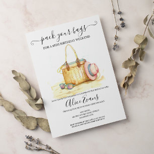 Watercolor Beach Bag Birthday Rosa Helg Inbjudningar