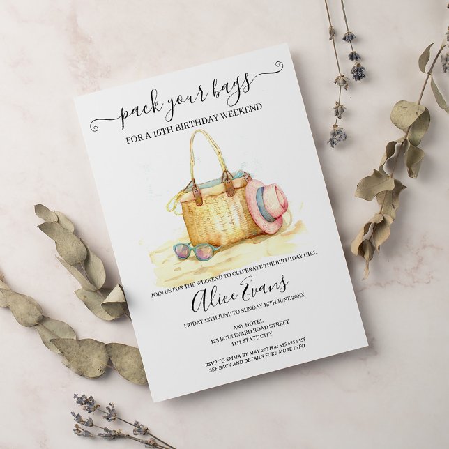 Watercolor Beach Bag Birthday Rosa Helg Inbjudningar (Skapare uppladdad)