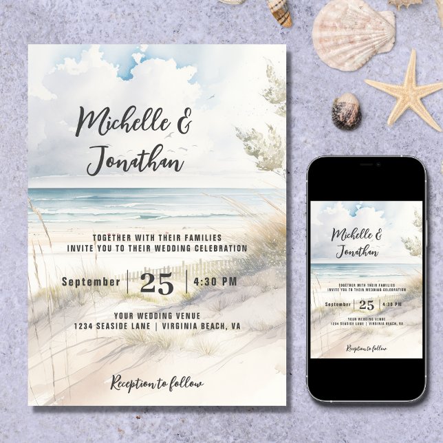 Watercolor Beach Coastal Destination Wedding Inbjudningar (Skapare uppladdad)