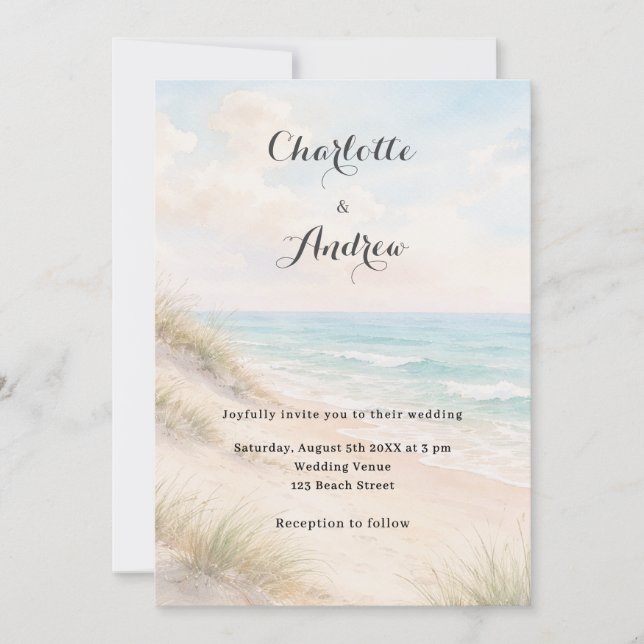 Watercolor beach coatal modern wedding inbjudningar (Framsida)