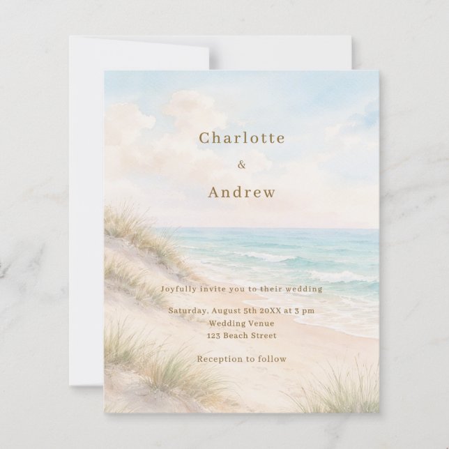 Watercolor beach coatal modern wedding invitation (Framsida)