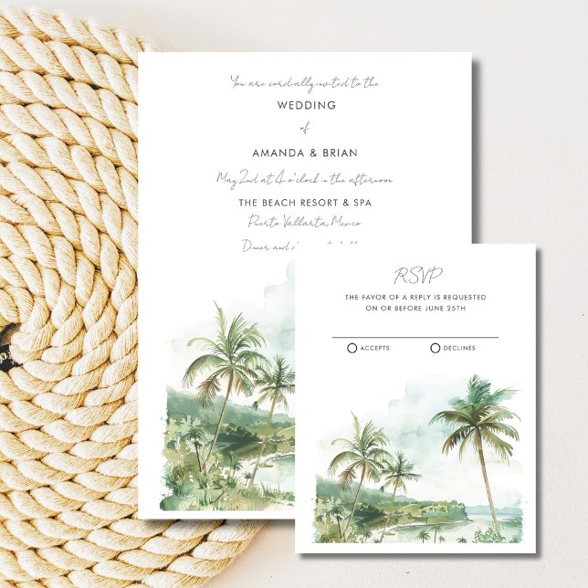 Watercolor Beach Destinations Wedding OSA Kort (Watercolor Beach Destination Wedding RSVP Card)