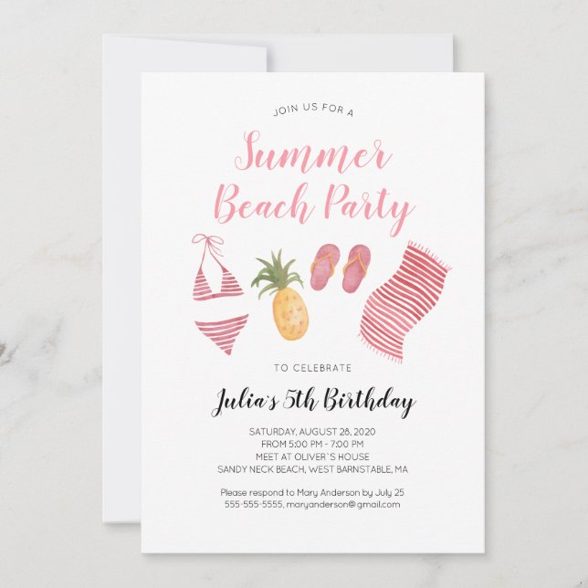 Watercolor Beach Födelsedagsfest inbjudan (Framsida)
