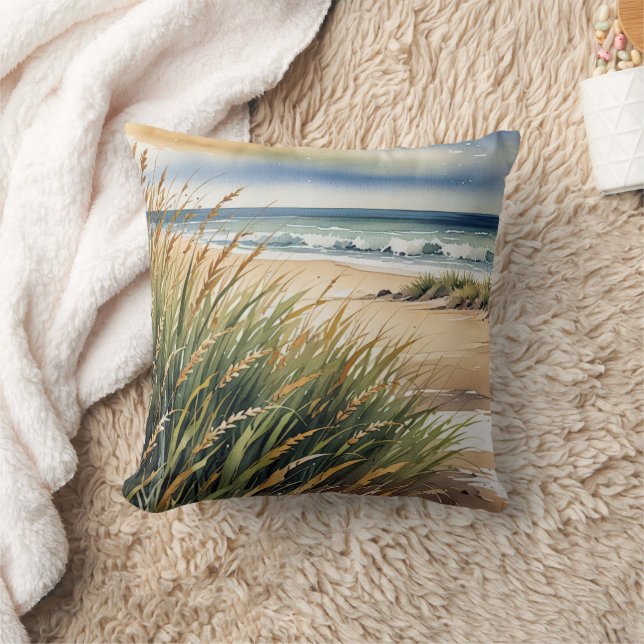 Watercolor Beach Grass and Ocean Scene Kudde (Filt)
