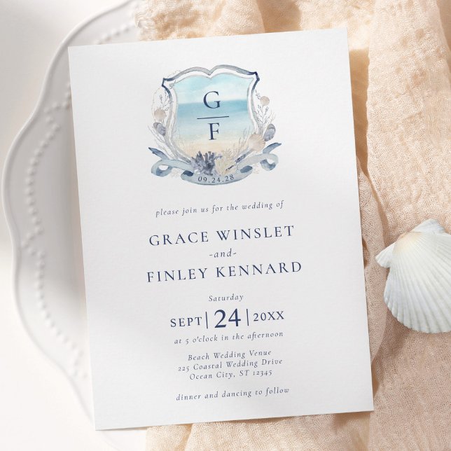 Watercolor Beach Monogram Vapensköld Bröllop Inbjudningar (Skapare uppladdad)