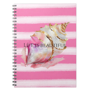 Watercolor Beach Rosa Rand Guld Snäcka Anteckningsbok