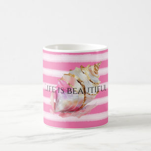 Watercolor Beach Rosa Rand Guld Snäcka Kaffemugg