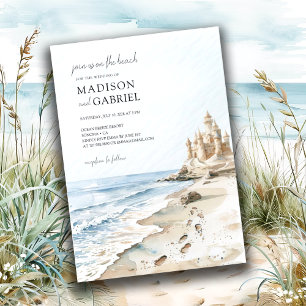 Watercolor Beach Sand Castle Bröllop Inbjudningar