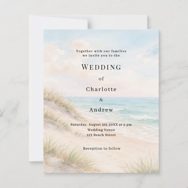 Watercolor beach sand dunes wedding invitation (Framsida)