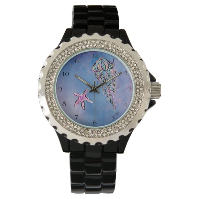 *~* Watercolor Beach Sea Jelly Fish Star Fish Chic Armbandsur (Framsida)