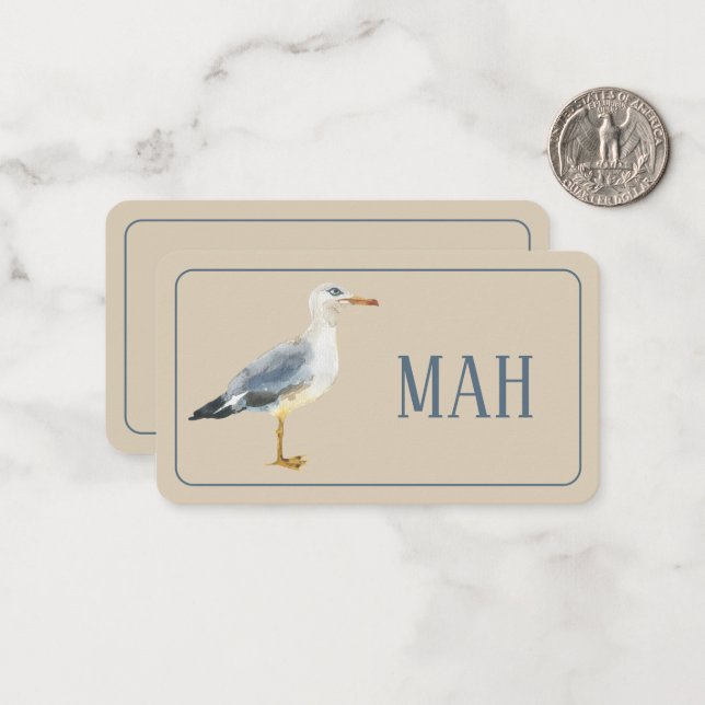 Watercolor Beach Seagull Monogram Anteckningskort (Fram/Back In Situ)