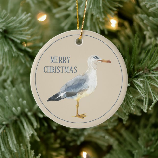 Watercolor Beach Seagull Personalized Julgransprydnad Keramik (Träd)