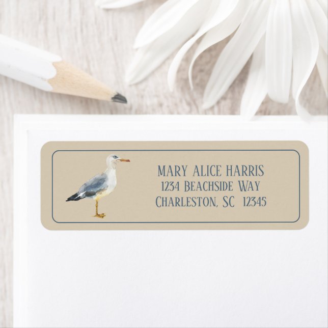 Watercolor Beach Seagull Personalized Returadress Etikett (Insitu)